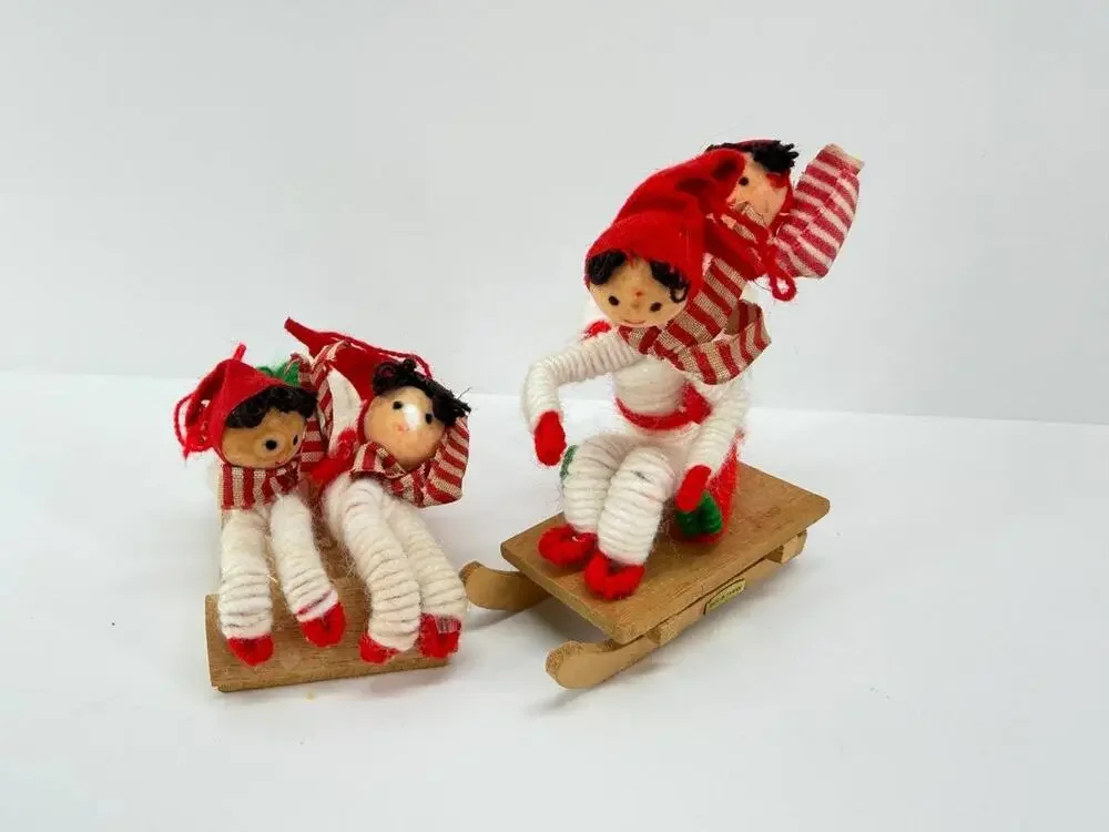 Vintage Taiwan Christmas Yarn Doll Children Wooden Sled Holiday Figurine Set